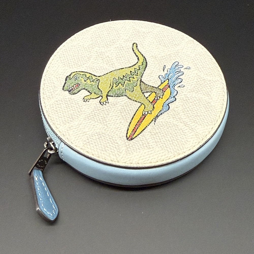 Coach Rexy Surfing Dinosaur Round Coin‎ Case Leather Rare Japan Exclusive - Picture 3 of 11